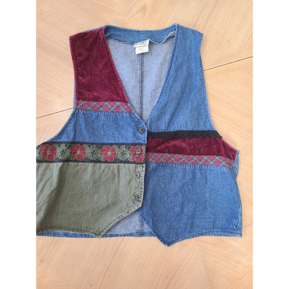 Koret City Blues Patchwork Denim Vest Women XL Blue Excellent Floral Velvet 90s